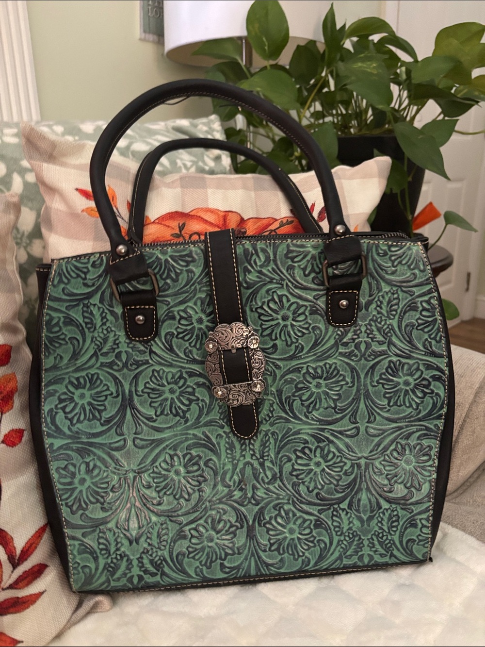 Trinity Ranch Teal Floral Tooled Leather Purse with Decorative Buckle